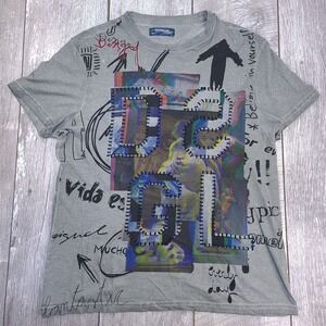 Desigual T-Shirt Mens Large Gray Lester Embroidered Cotton Short Sleeve Y2K Top